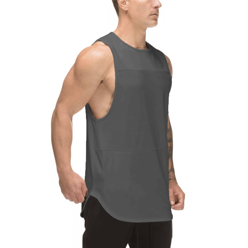 Men's workout o-neck tank top in stylish patchwork for bodybuilding, side view, male model wearing sleeveless sportswear SF1110.