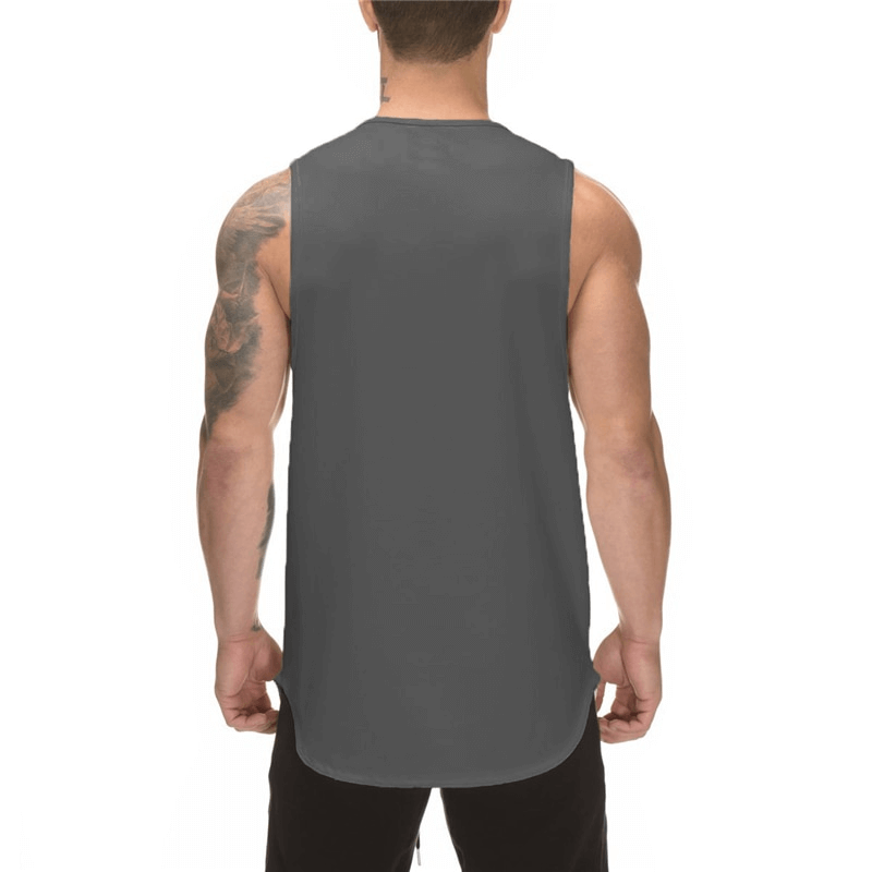 Back view of men's gray o-neck tank top, perfect for bodybuilding workouts, featuring a sleeveless cut and comfortable fit.