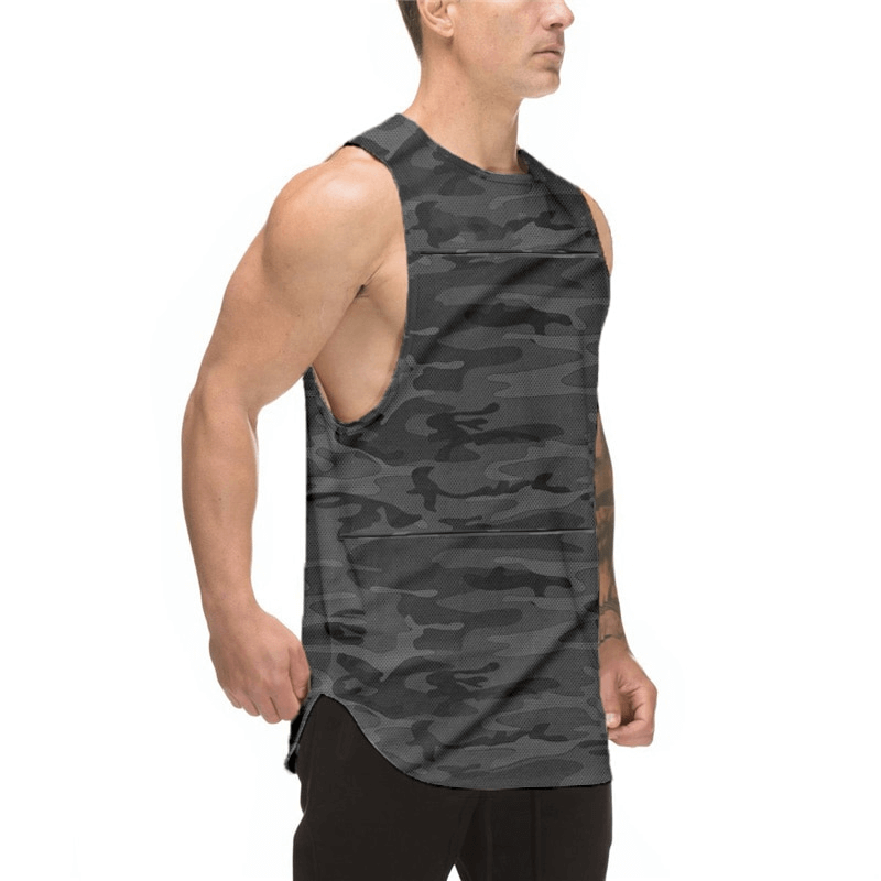 Men's camo workout o-neck tank top, sleeveless for bodybuilding, comfortable fit, cotton blend, patchwork pattern, SF1110 style.