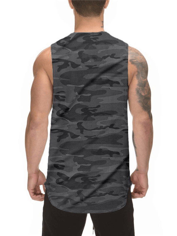Back view of a men's workout camo o-neck tank top, perfect for bodybuilding, with a stylish and comfortable fit. Ideal sportswear.