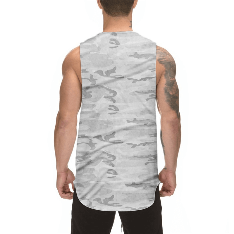 Back view of men's patchwork workout tank top for bodybuilding, showcasing cotton blend fabric and stylish o-neck design.