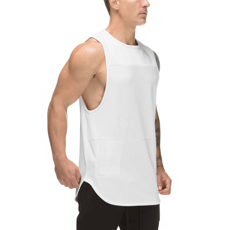 Men's white workout o-neck tank top for bodybuilding, sleeveless with patchwork pattern, perfect for gym sessions.