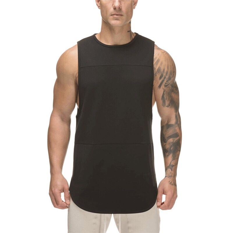 Men's patchwork O-neck tank top for bodybuilding enthusiasts, black sleeveless gym wear made of cotton blend fabric, SF1110