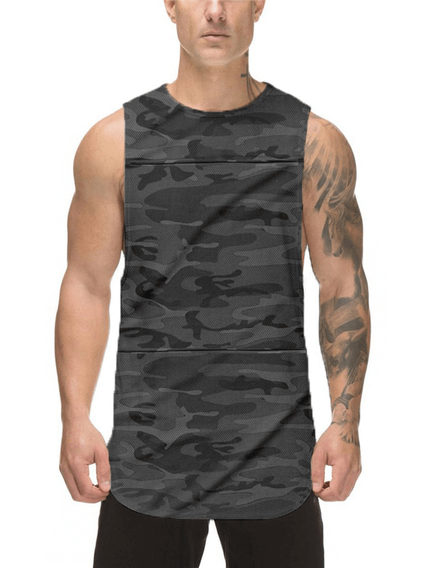 Men's camo workout tank top for bodybuilding with o-neck design and sleeveless cut, perfect for male fitness enthusiasts.