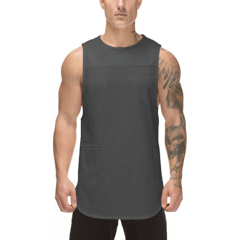 Men's workout o-neck tank top in dark color, sleeveless, perfect for bodybuilding with stylish patchwork.