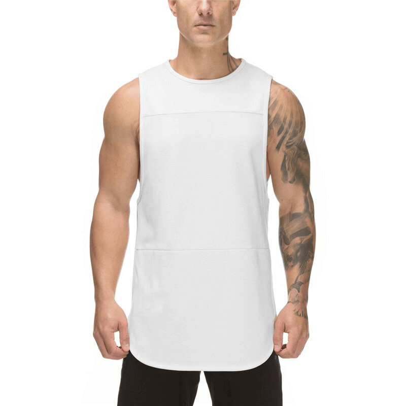 Men's white o-neck tank top for bodybuilding with stylish patchwork design, perfect for workouts. Model wearing lightweight, sleeveless top.