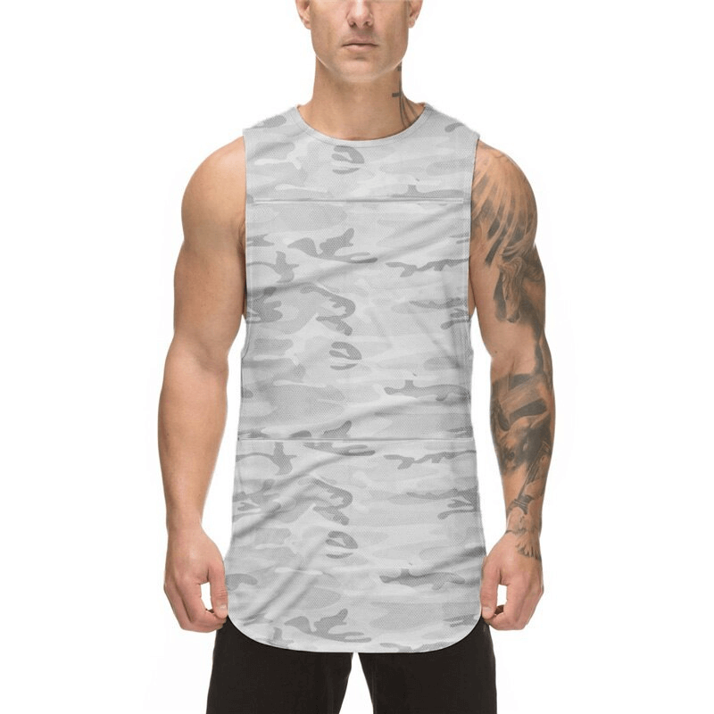 Men's workout o-neck tank top, bodybuilding clothing, sleeveless patchwork design, perfect for fitness enthusiasts, model showcasing fit.