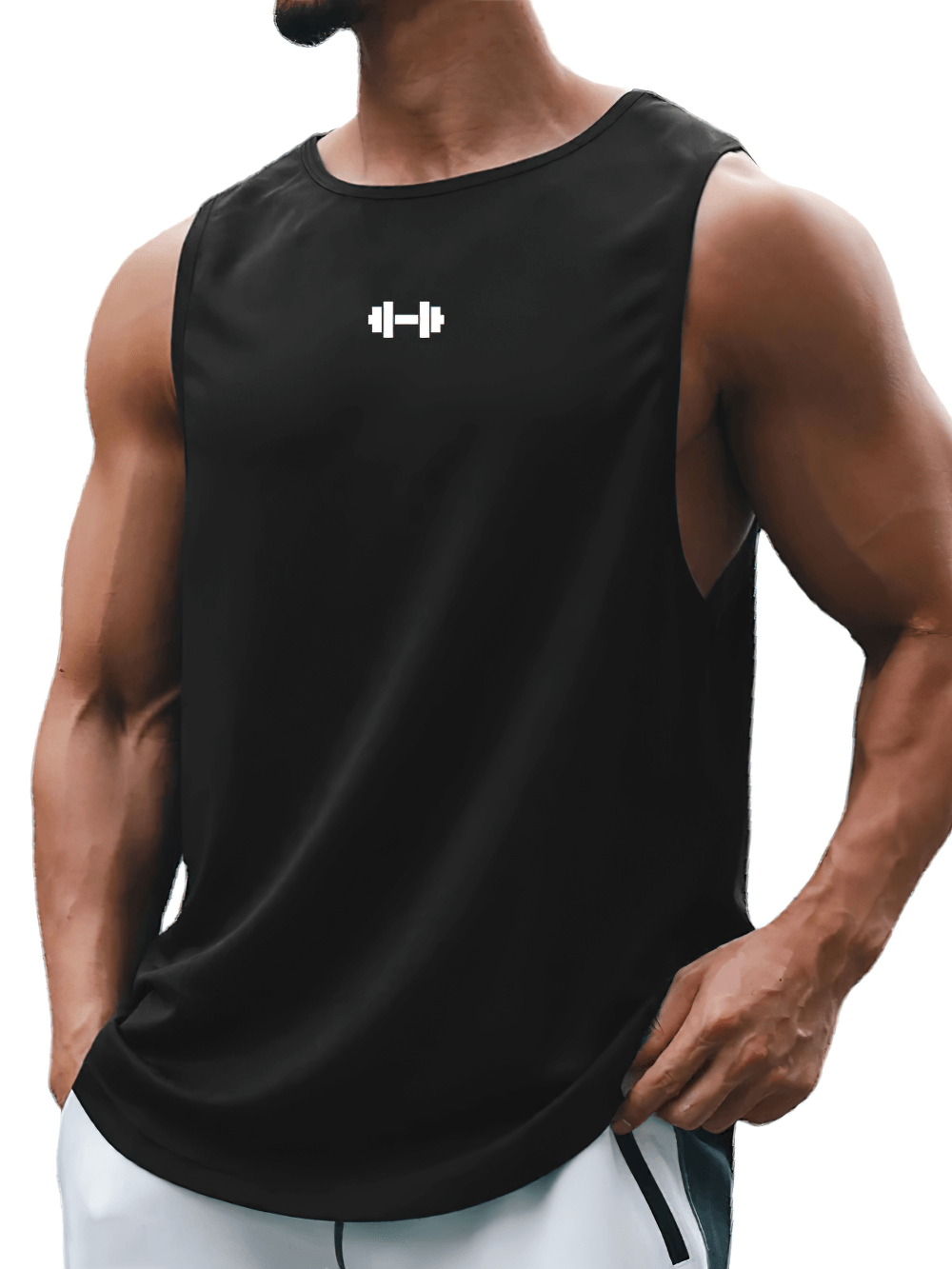 Men's Workout Tank Top with Dumbbell Logo - SF4087, featuring sleek black design for optimal comfort and style in fitness routines.
