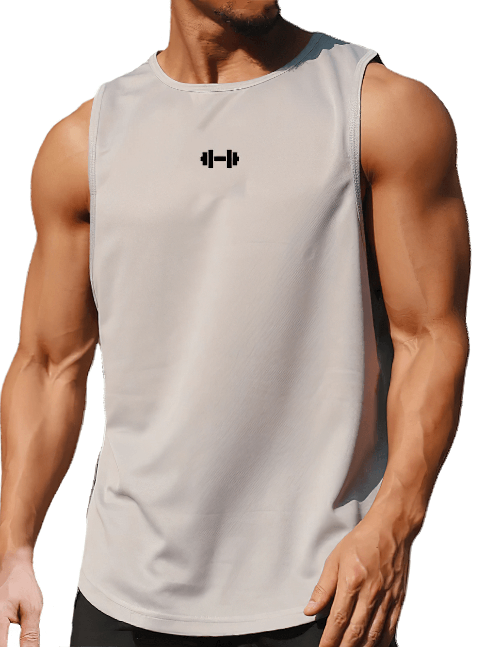 Men's Workout Tank Top with Dumbbell Logo - SF4087 in gray, sleeveless design for gym, showing athletic fit and breathable fabric.