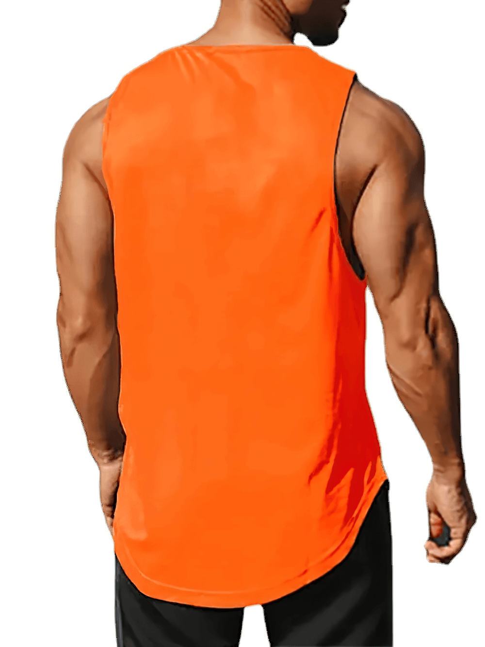 Back view of Men's Workout Tank Top with Dumbbell Logo - SF4087 in vibrant orange, highlighting athletic fit and sleeveless design.