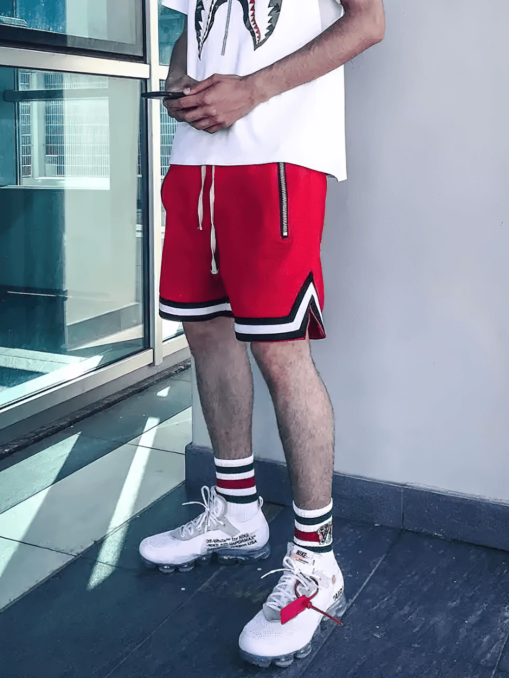 Alt Tag: Men's Zipper Pocket Court Shorts with Contrast Trim - SF4467 red mesh quick-dry basketball shorts with zipper pockets and contrast trim