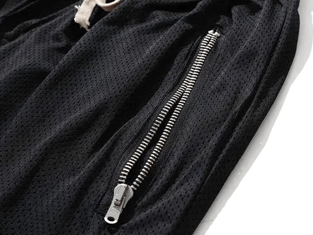 Alt Tag: Men's Zipper Pocket Court Shorts with Contrast Trim - SF4467 black mesh shorts close-up with angled zipper pocket and drawstring waist