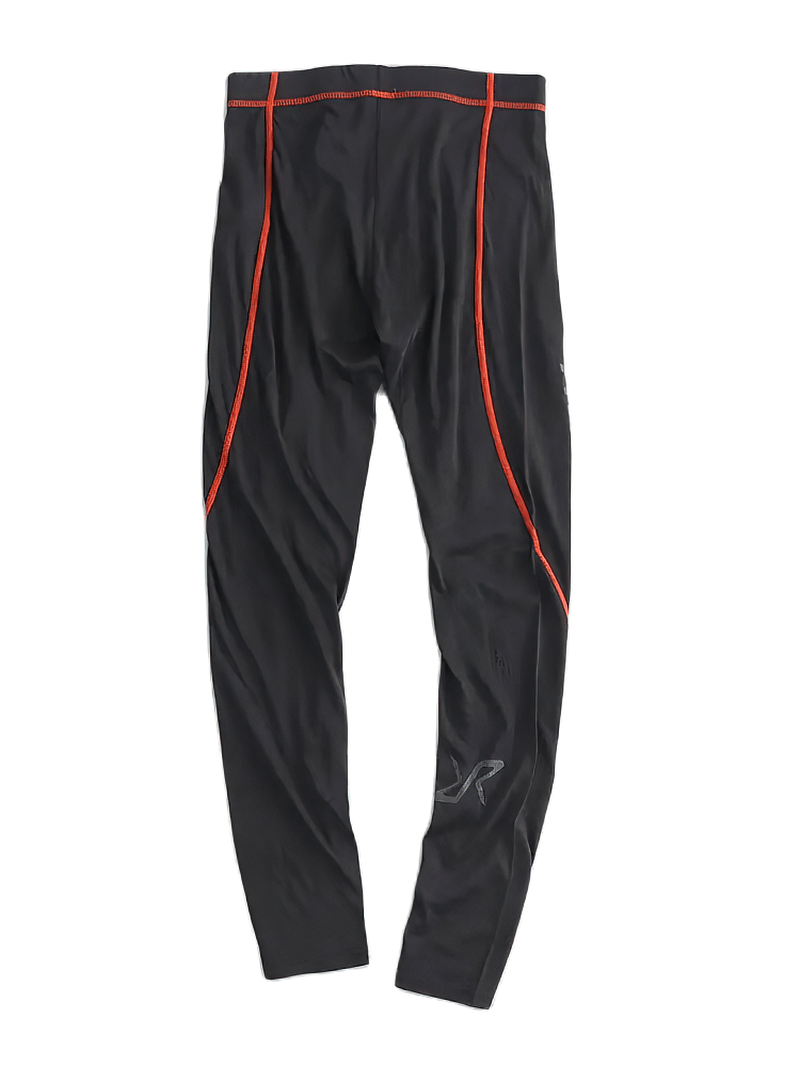 Black thermal long pants for men with bright orange seams, designed for warmth and comfort in winter activities.