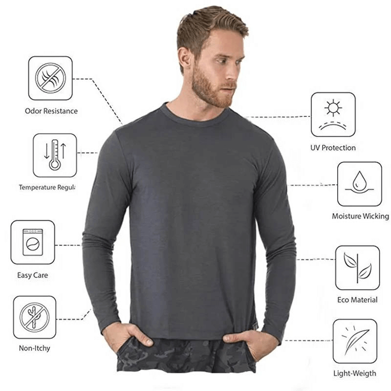 Man wearing Merino Wool Thermal Long Sleeves Top in dark gray, showcasing features like odor resistance and moisture wicking.
