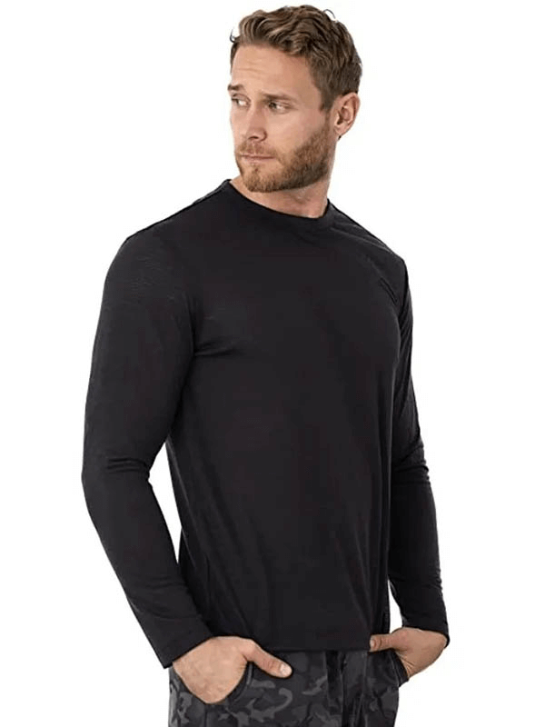 Man wearing a black Merino Wool Thermal Long Sleeves Top for Men, showcasing warmth and style with full-length sleeves, SF1808 model.