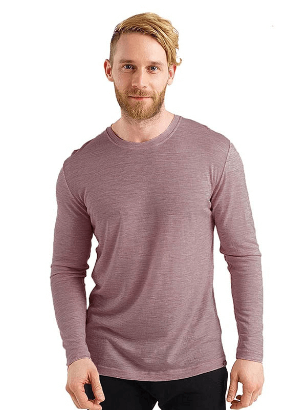 Men's merino wool thermal top in mauve, long sleeves, SF1808. Perfect blend of comfort and style.