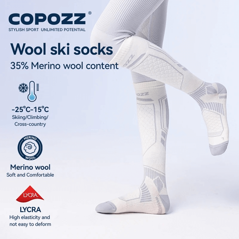 Merino wool ski socks with 35% wool content, ideal for cold weather skiing, climbing, and cross-country, featuring high elasticity.