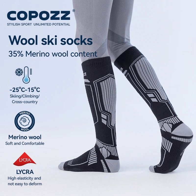 Merino wool thermal ski socks for men and women, displayed on feet, showcasing warmth and comfort for outdoor skiing adventures.