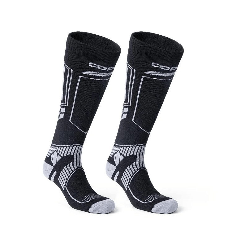 Black and gray Merino wool thermal ski socks for men and women, perfect for outdoor hiking and skiing, featuring moisture-wicking material.