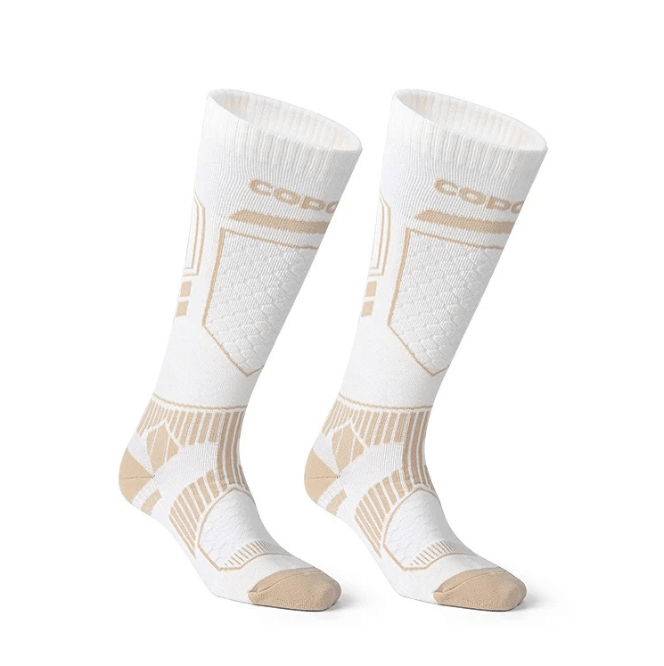 Merino Wool Thermal Ski Socks in white, perfect for men and women; ideal for skiing and hiking; warm, breathable, and moisture-wicking.