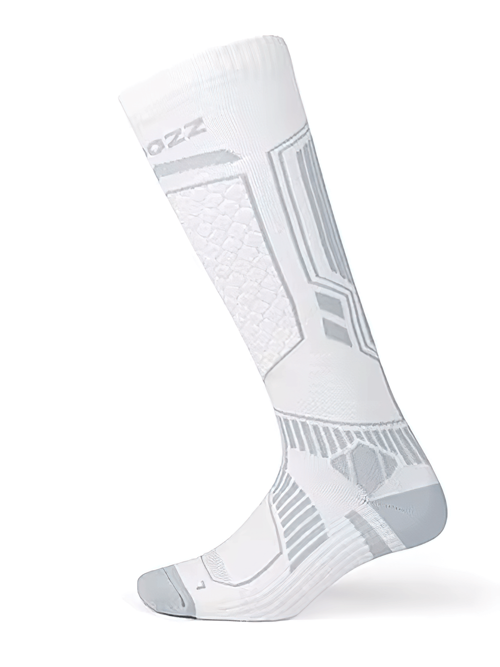 White merino wool thermal ski sock for men and women, designed for outdoor warmth, moisture-wicking, and quick-drying performance.