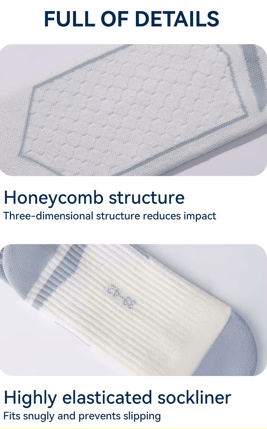 Merino wool ski socks with honeycomb structure and elasticated sockliner, offering impact reduction and slip prevention.