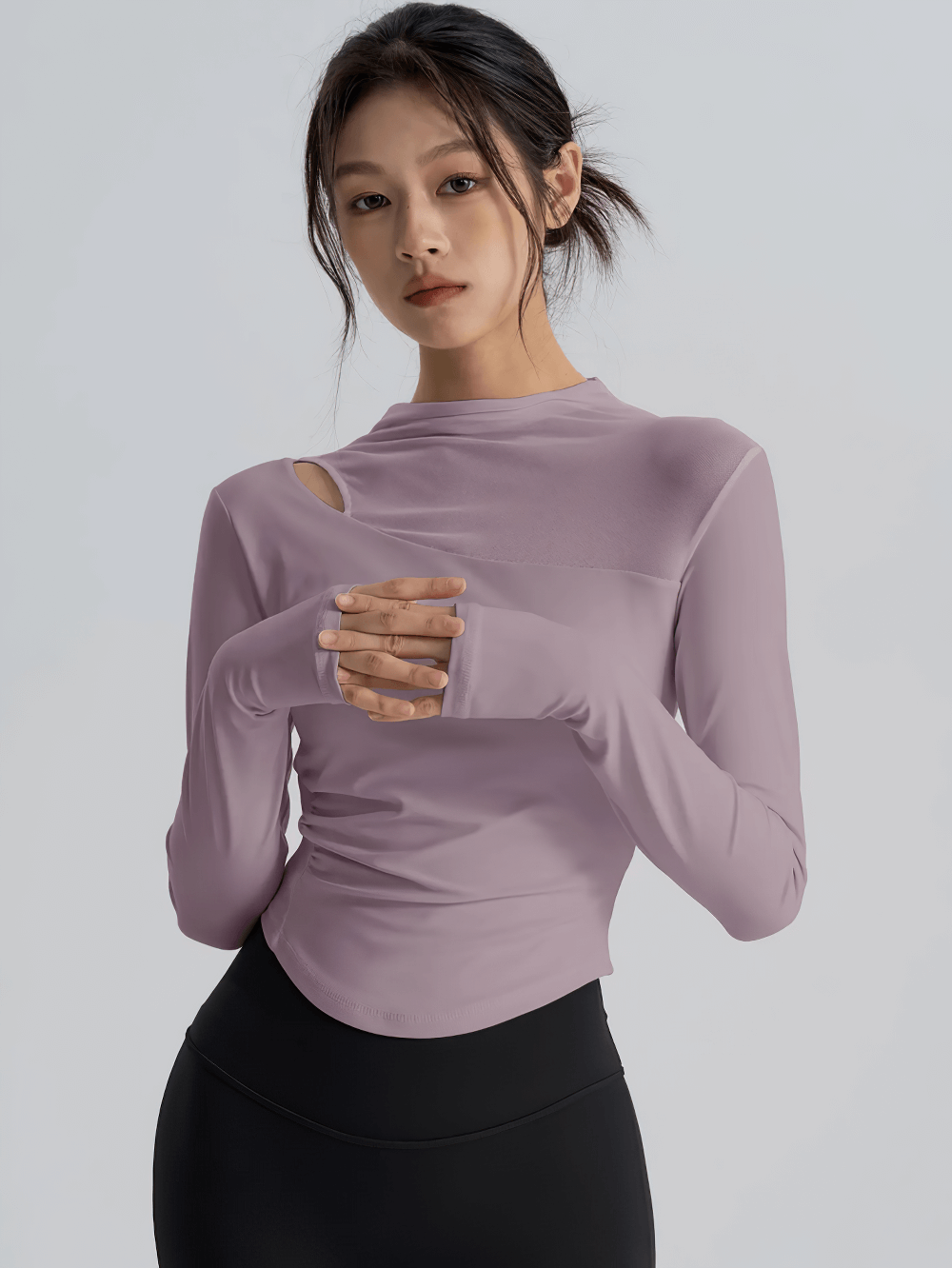 Model wearing Mesh Back Long Sleeve Yoga Top with Chest Pad - SF4216 in lavender