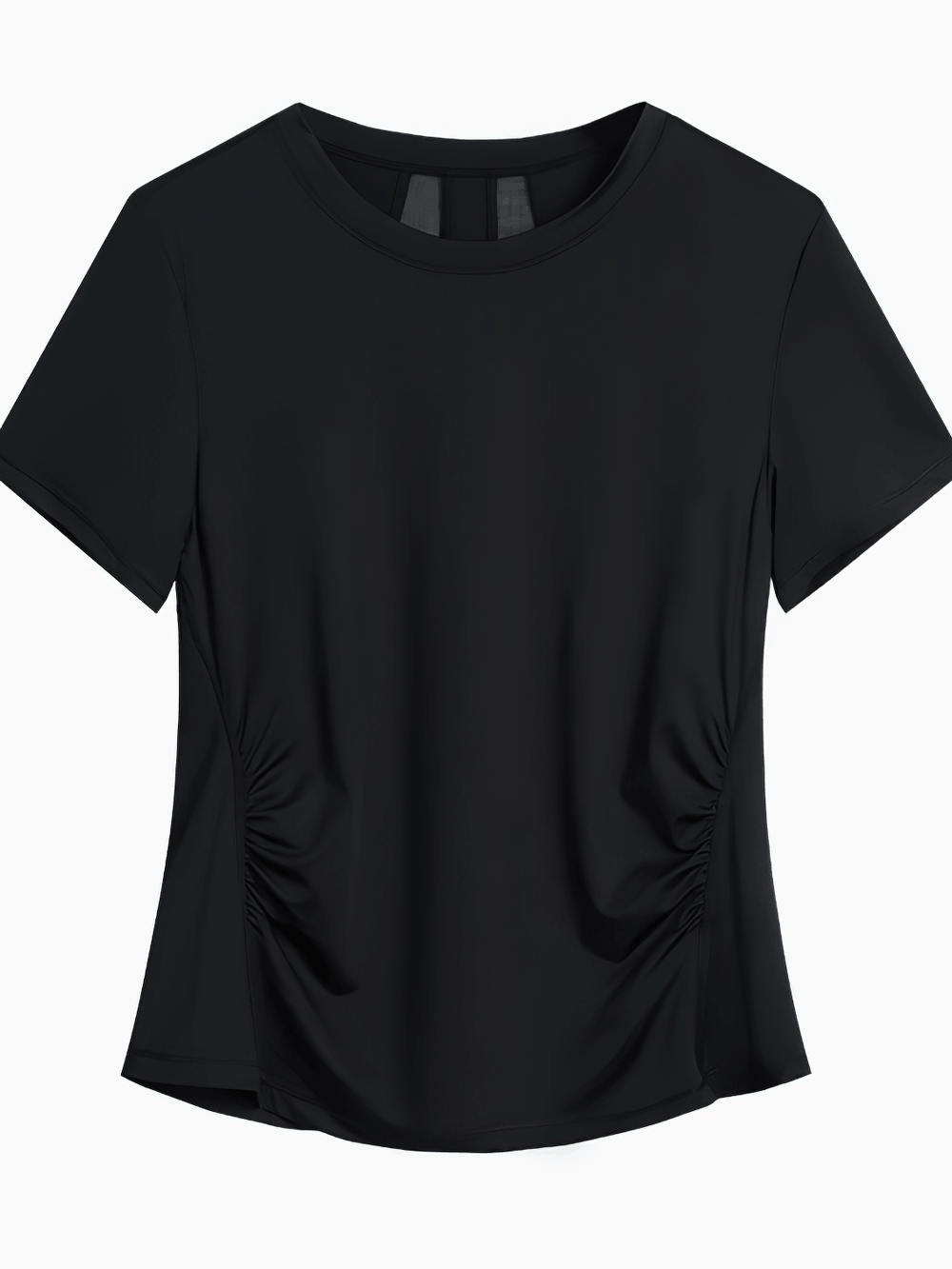 Alt Tag: Mesh Back Yoga Elastic T-Shirt for Women's - SF4438 black quick-dry breathable short sleeve sports top with side ruching
