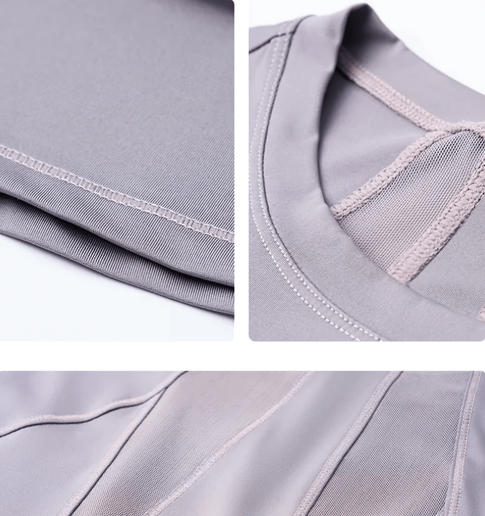 Alt Tag: Mesh Back Yoga Elastic T-Shirt for Women's - SF4438 close-up of mesh back panel and stitched seams on quick-dry breathable fabric