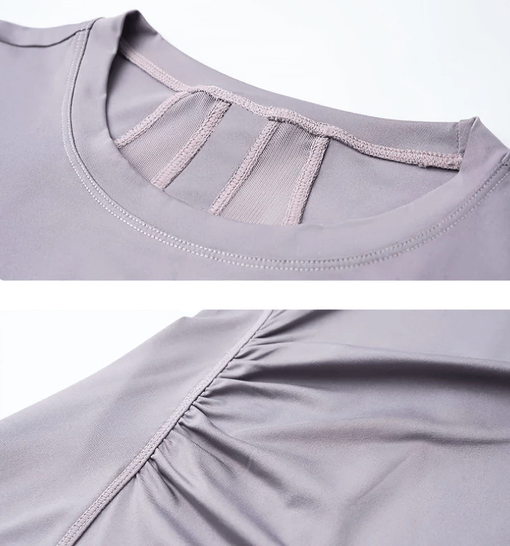 Alt Tag: Mesh Back Yoga Elastic T-Shirt for Women's - SF4438 close-up of mesh back panel and side ruching on quick-dry breathable fabric