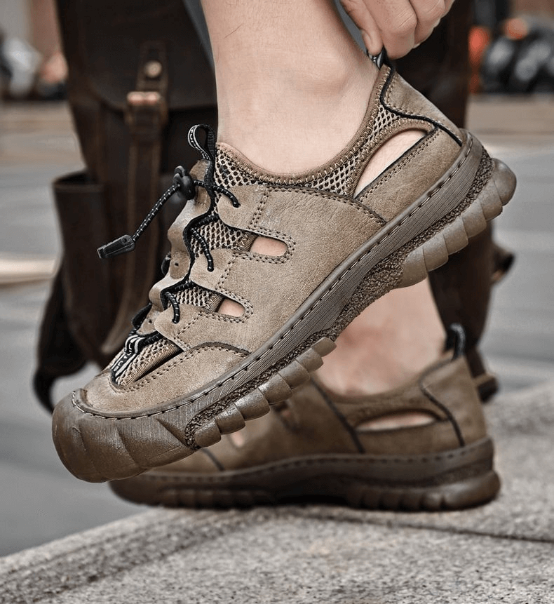 Mesh Breathable Men's Sandals with Flexible Sole SF1417, featuring durable cow leather upper and rubber outsole for comfort and style.