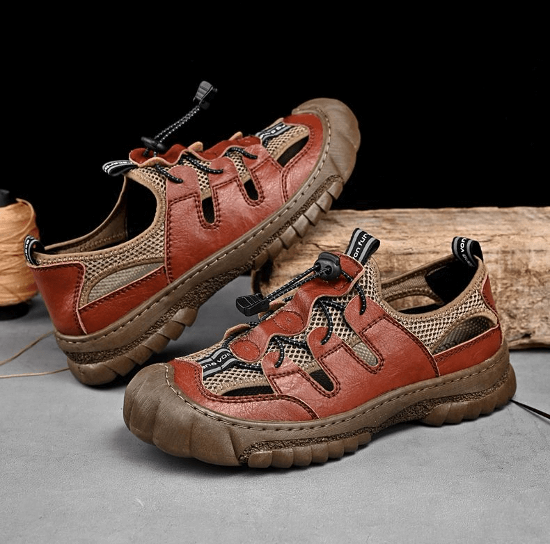 Mesh breathable men's sandals with flexible sole, featuring genuine cow leather upper and rubber outsole, SF1417 model in brown.