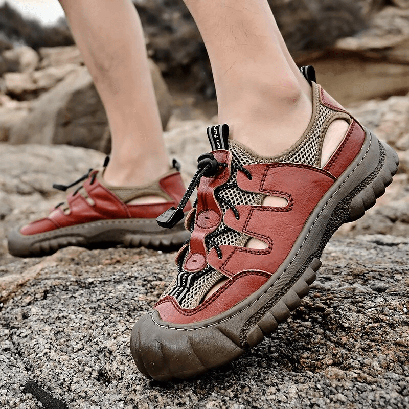 Mesh breathable men's sandals with flexible soles on rocky terrain, featuring genuine leather and hook and loop closure - SF1417
