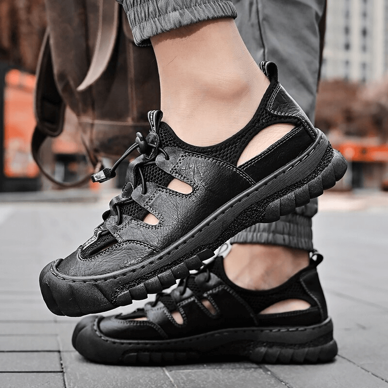 Mesh breathable men's sandals with flexible sole and genuine leather design, perfect for outdoor comfort and style - SF1417.