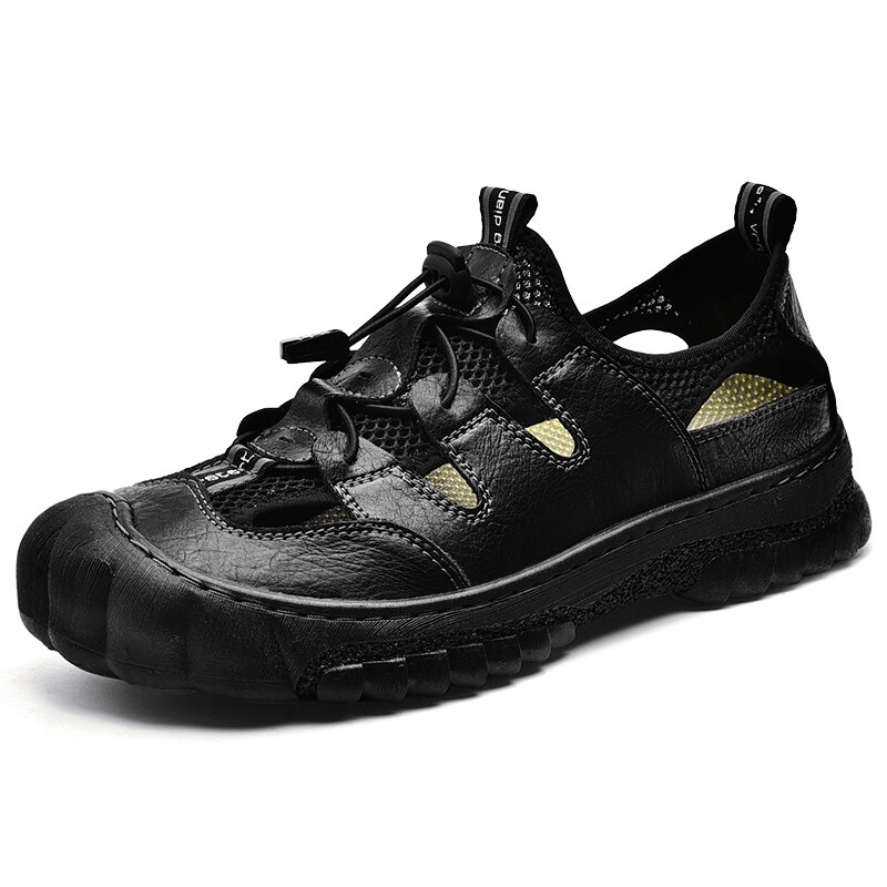 Black mesh breathable men's sandals with flexible sole, hook and loop closure, and rubber outsole for comfort and style - SF1417