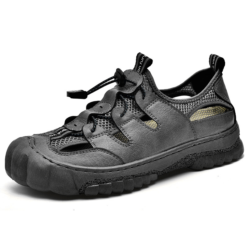 Mesh breathable men's sandal with flexible sole in black, featuring genuine cow leather and rubber outsole for comfort and style. Model SF1417.