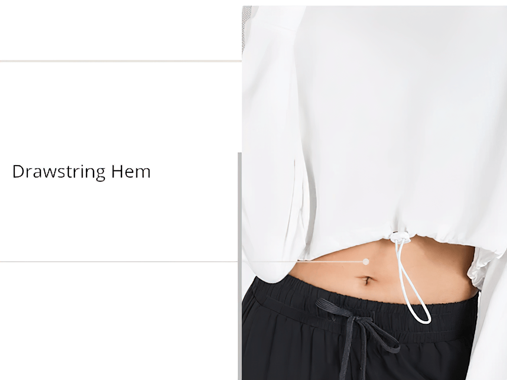 Close-up of mesh breathable women’s gym hoodie showing drawstring hem and stylish design.