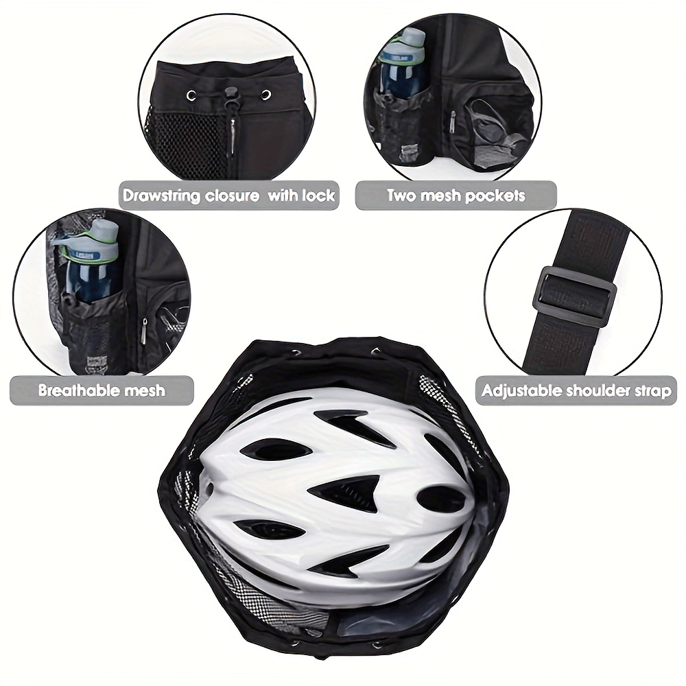 Mesh drawstring backpack with helmet inside, showcasing breathable mesh, lock closure, two mesh pockets, and adjustable shoulder strap.