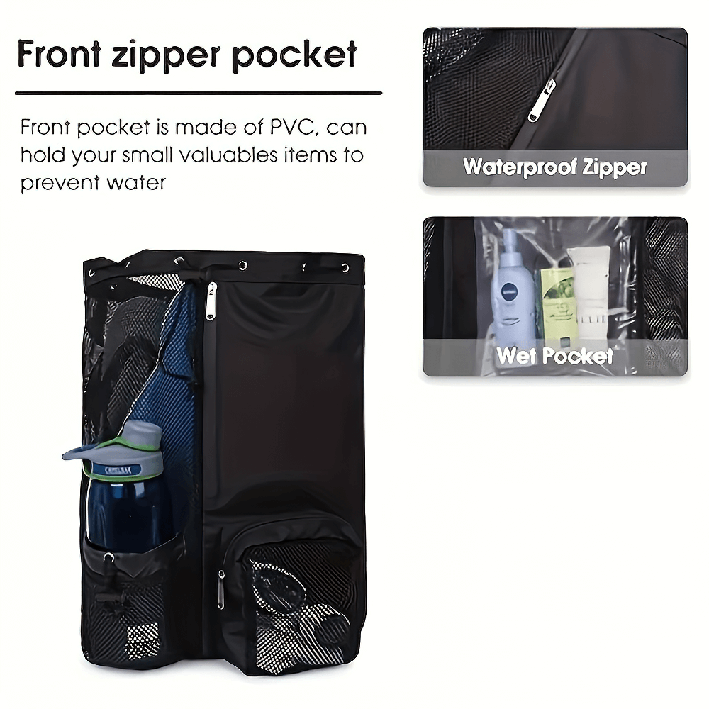 Mesh drawstring backpack with front zipper pocket, PVC waterproof zipper for valuables, ideal for gym, beach, and travel use.