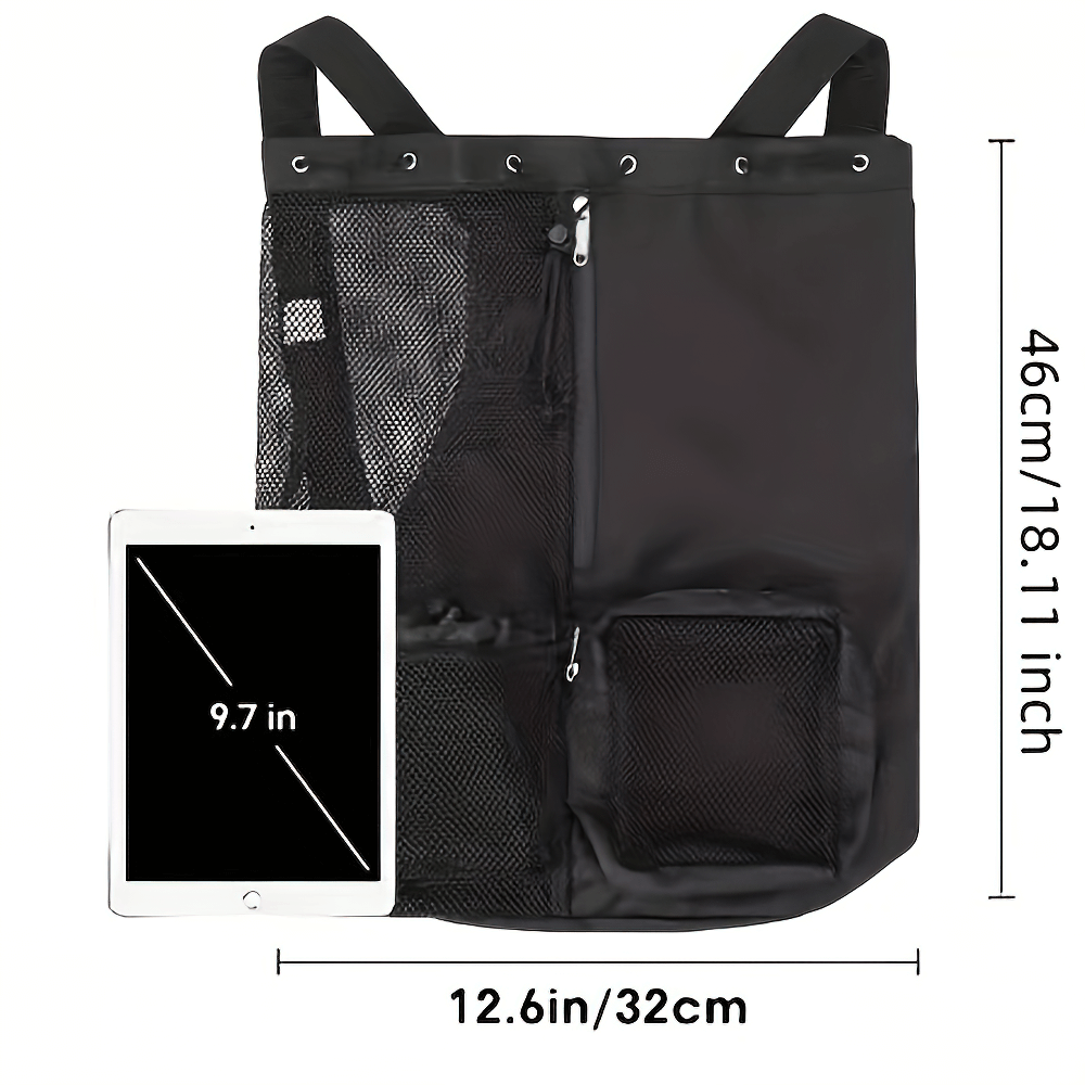 Black mesh drawstring backpack with utility pocket, shown next to a 9.7-inch tablet for size comparison, ideal for gym and beach use.