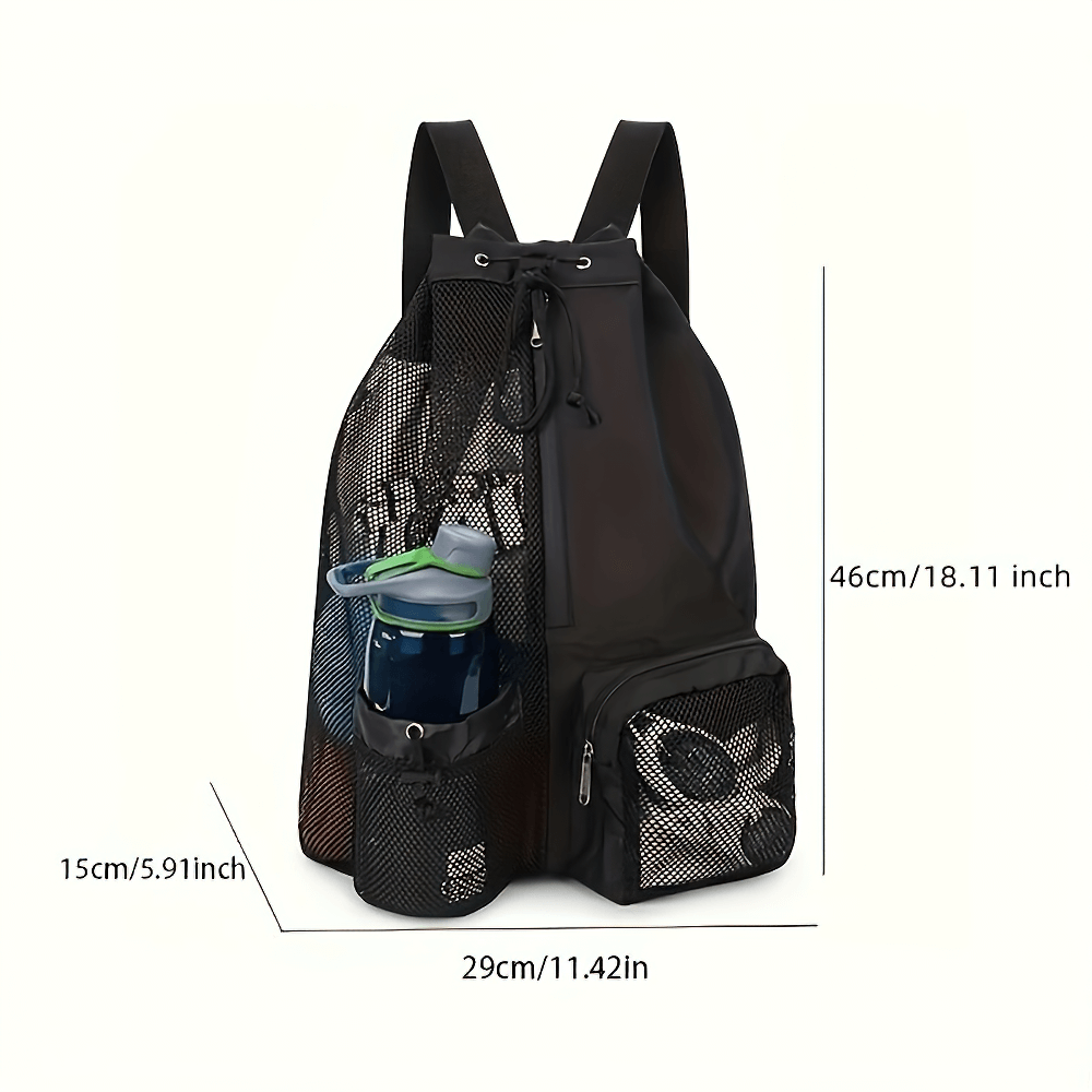 Mesh drawstring backpack with utility pocket, perfect for beach, gym, travel. Lightweight, durable water-resistant nylon, sporty design.