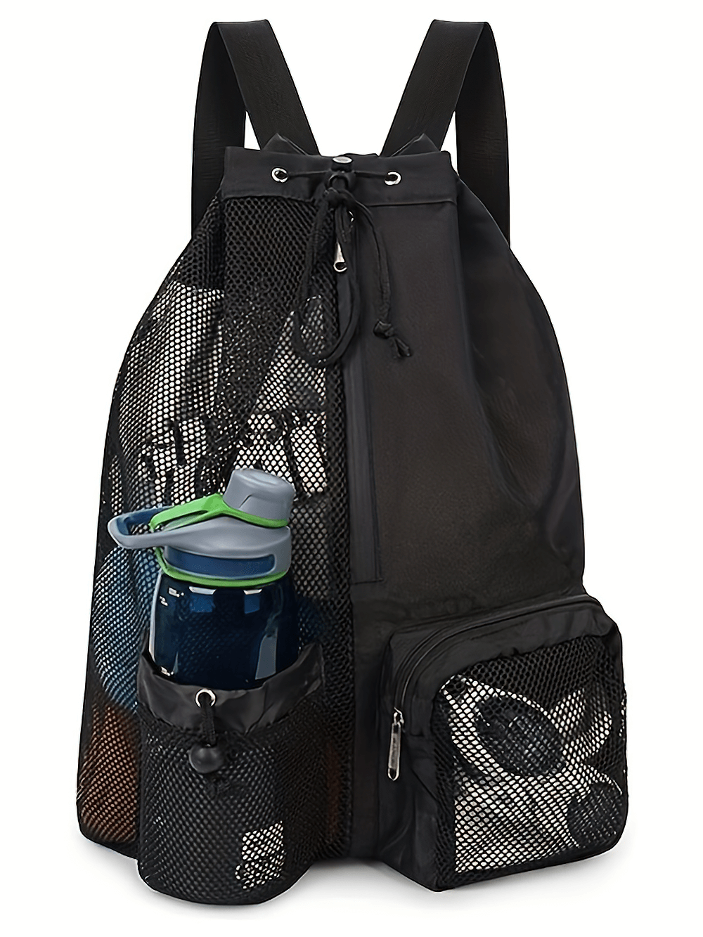 Mesh drawstring backpack with pockets, ideal for gym and beach, holding water bottle and gear. Lightweight and sporty style.