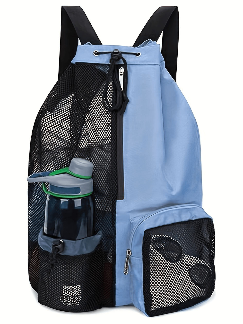 Lightweight mesh drawstring backpack in blue with utility pocket, perfect for beach, gym, and travel.