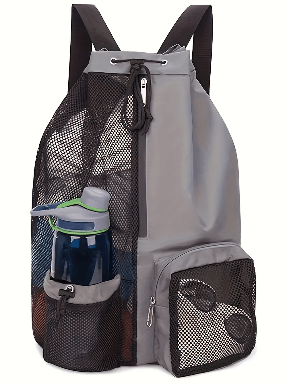 Lightweight mesh drawstring backpack with utility pockets, perfect for gym, beach, and travel. Durable and breathable design.