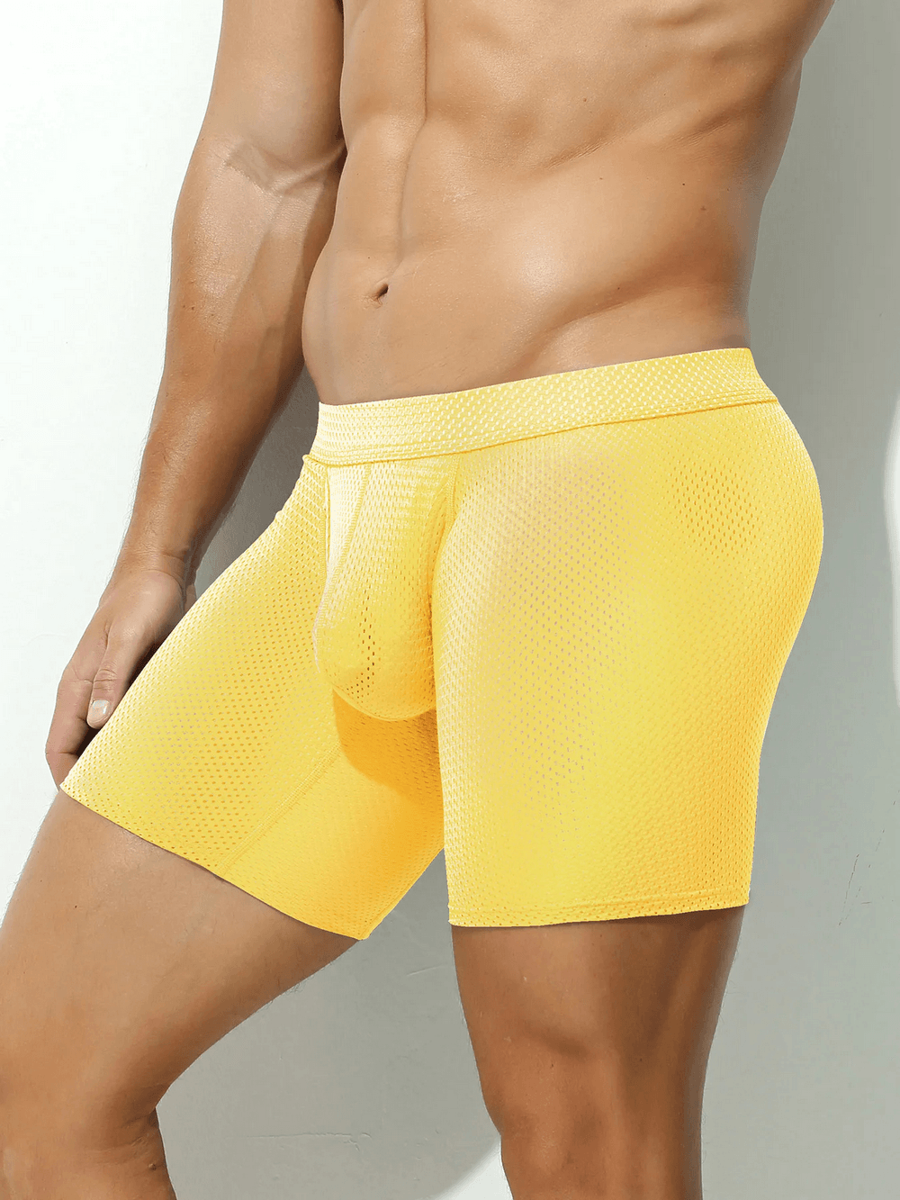 Mesh Long Boxer Briefs with U Convex Pouch - SF4748 in vibrant yellow color and perforated mesh design.