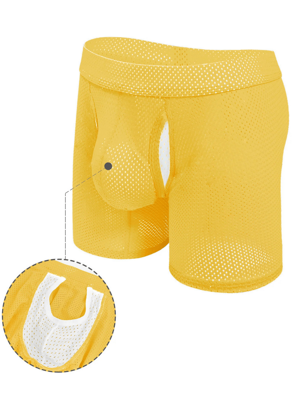 Mesh Long Boxer Briefs with U Convex Pouch - SF4748 in yellow with perforated design and support pouch.