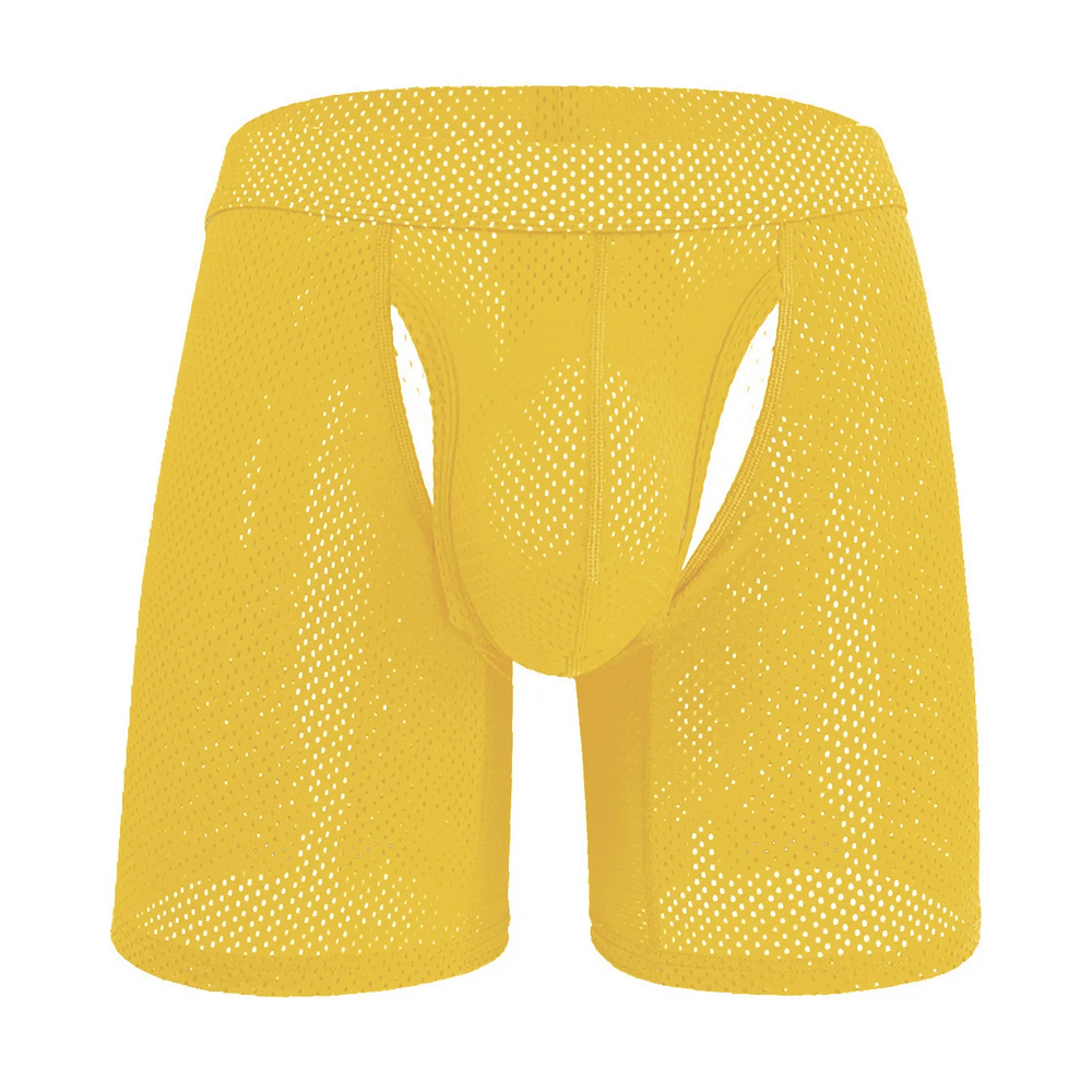 Mesh Long Boxer Briefs with U Convex Pouch - SF4748 in bright yellow color, showcasing a perforated design for comfort.