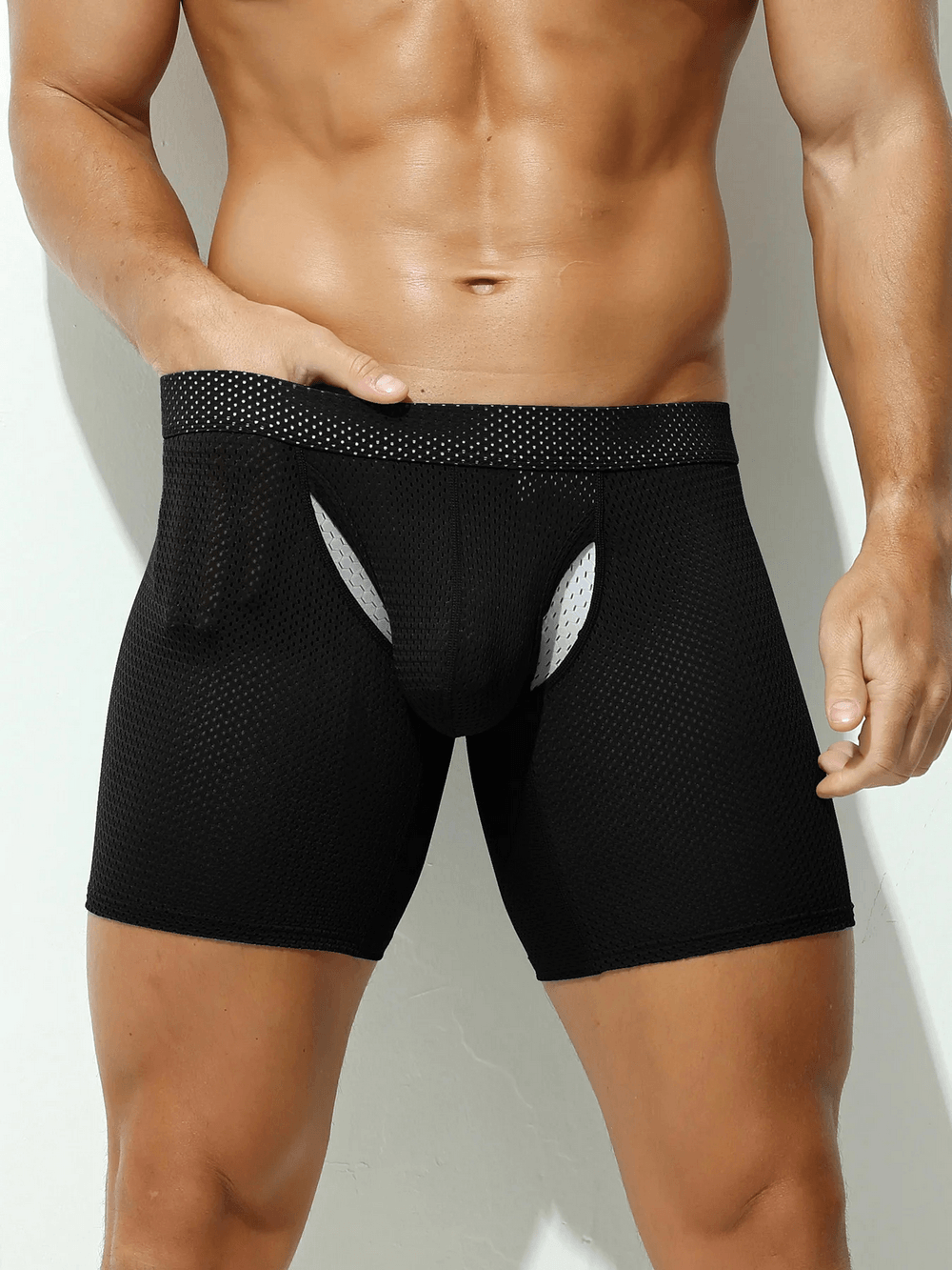 Mesh Long Boxer Briefs with U Convex Pouch - SF4748 in black, showcasing the sleek design and perforated mesh for comfort.