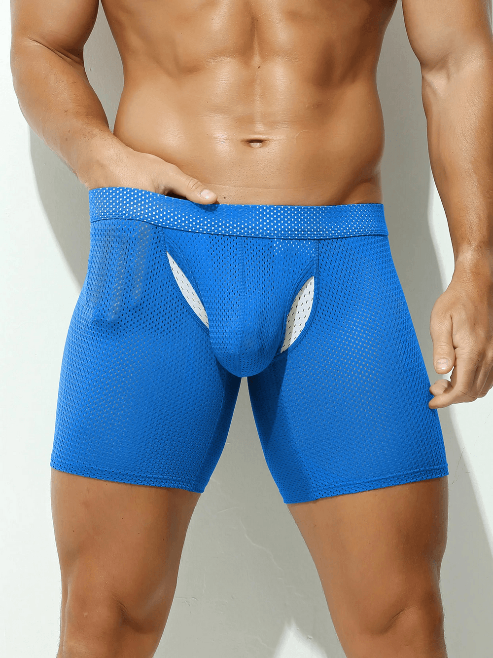 Mesh Long Boxer Briefs with U Convex Pouch - SF4748 in blue, showcasing the unique U convex pouch and breathable mesh design.