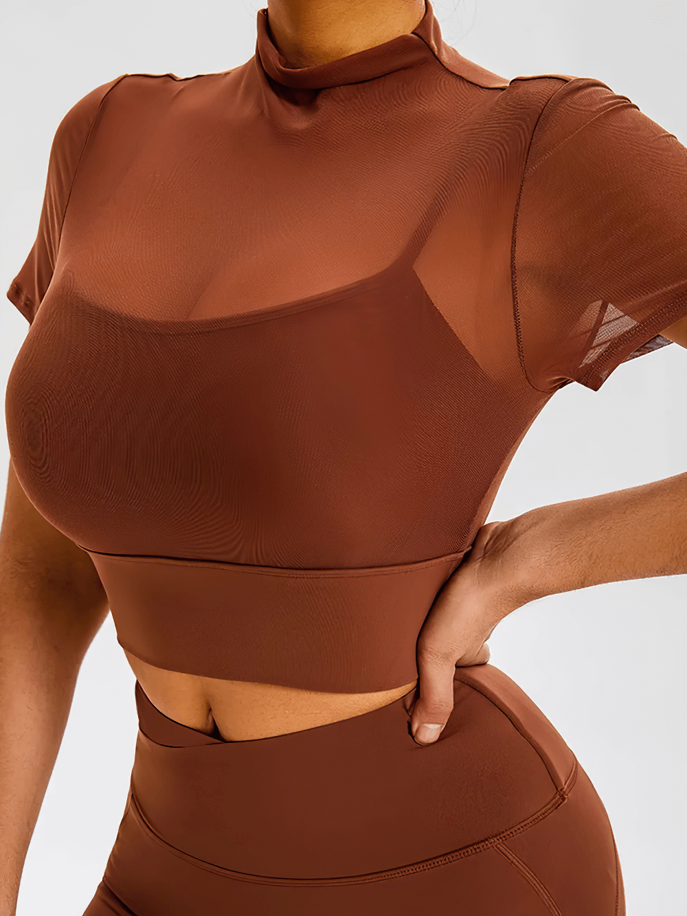 Alt Tag: Mesh Mock Neck Sports Crop Top with Built-In Bra - SF4374 brown short sleeve sheer mesh mock neck crop top with built-in bra